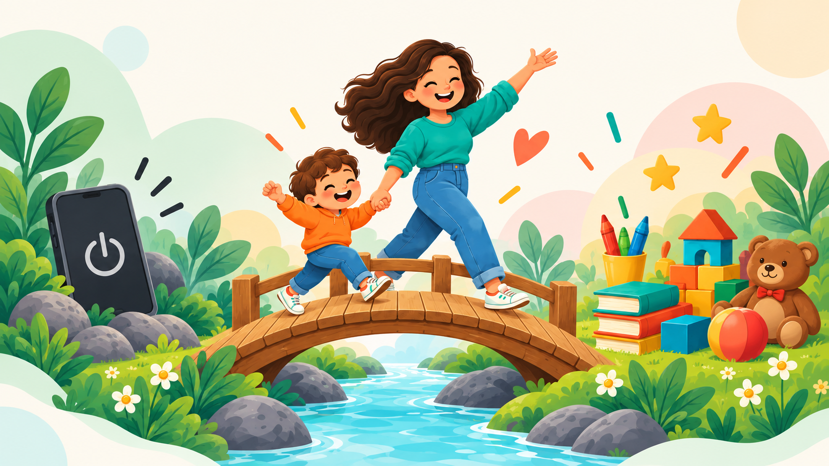 Mãe e criança atravessam uma ponte da tela para livros e brinquedos